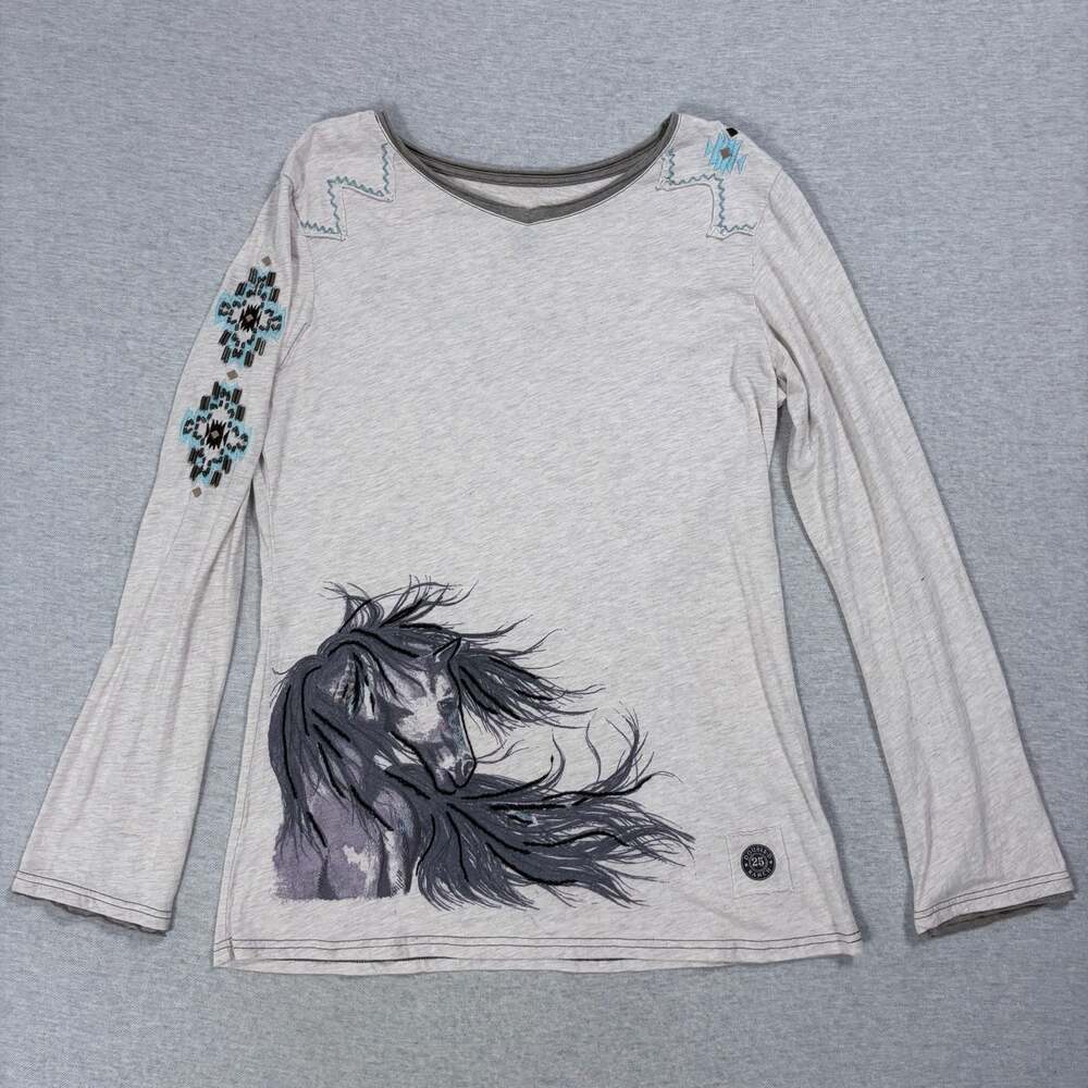 Double D Ranch Horse Graphic Long Sleeve Beaded Top Gray Size L